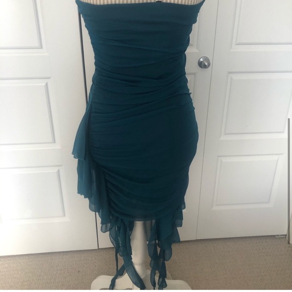Aqua Strapless Dress w/ Asymetrical Fishtail Hem - Picture 4 of 6